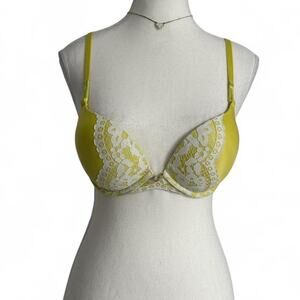 Victorias Secret Bomb She’ll Plunge Push Up Yellow Lace Bra Size 34B